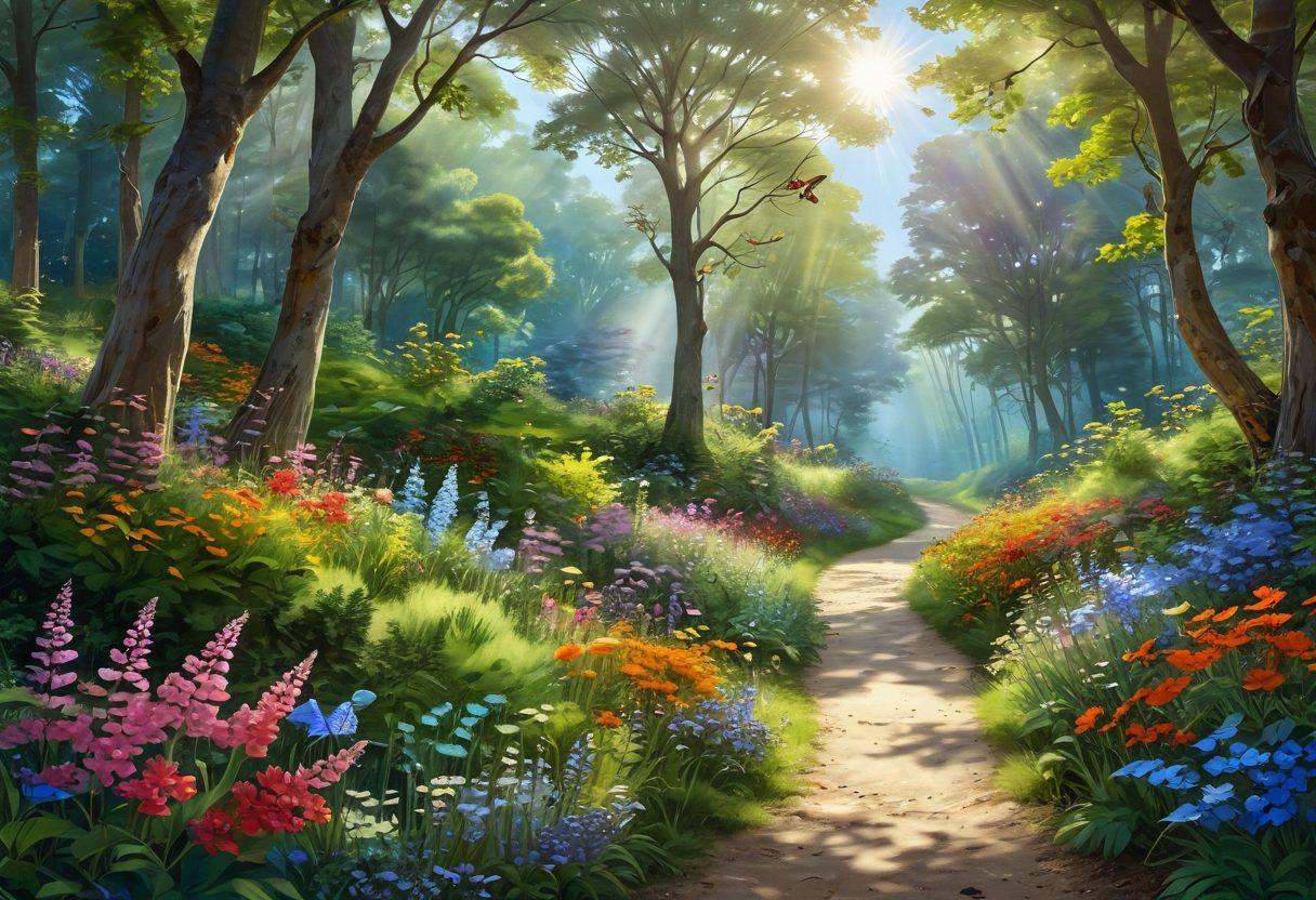 A serene landscape featuring a winding path through a lush green forest, dotted with colorful flowers and sunlight filtering through the trees. A joyful figure walks along the path, radiating happiness, while birds and butterflies flutter around. In the background, a bright blue sky adds to the cheerful atmosphere. super-realistic. vibrant colors. nature-inspired.