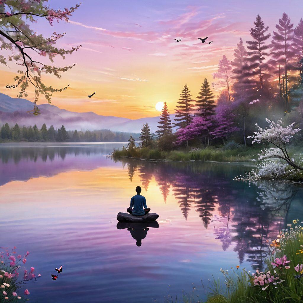 A serene landscape depicting a peaceful sunrise over a tranquil lake, with a person meditating on the shore surrounded by blooming flowers and gentle trees. The sky is painted in soft pastel colors, reflecting the idea of inner peace and happiness, while subtle symbols of joy, like butterflies and birds, float around. The overall ambiance is calm and uplifting, inviting viewers to explore the concept of lasting happiness. super-realistic. vibrant colors. tranquil atmosphere.