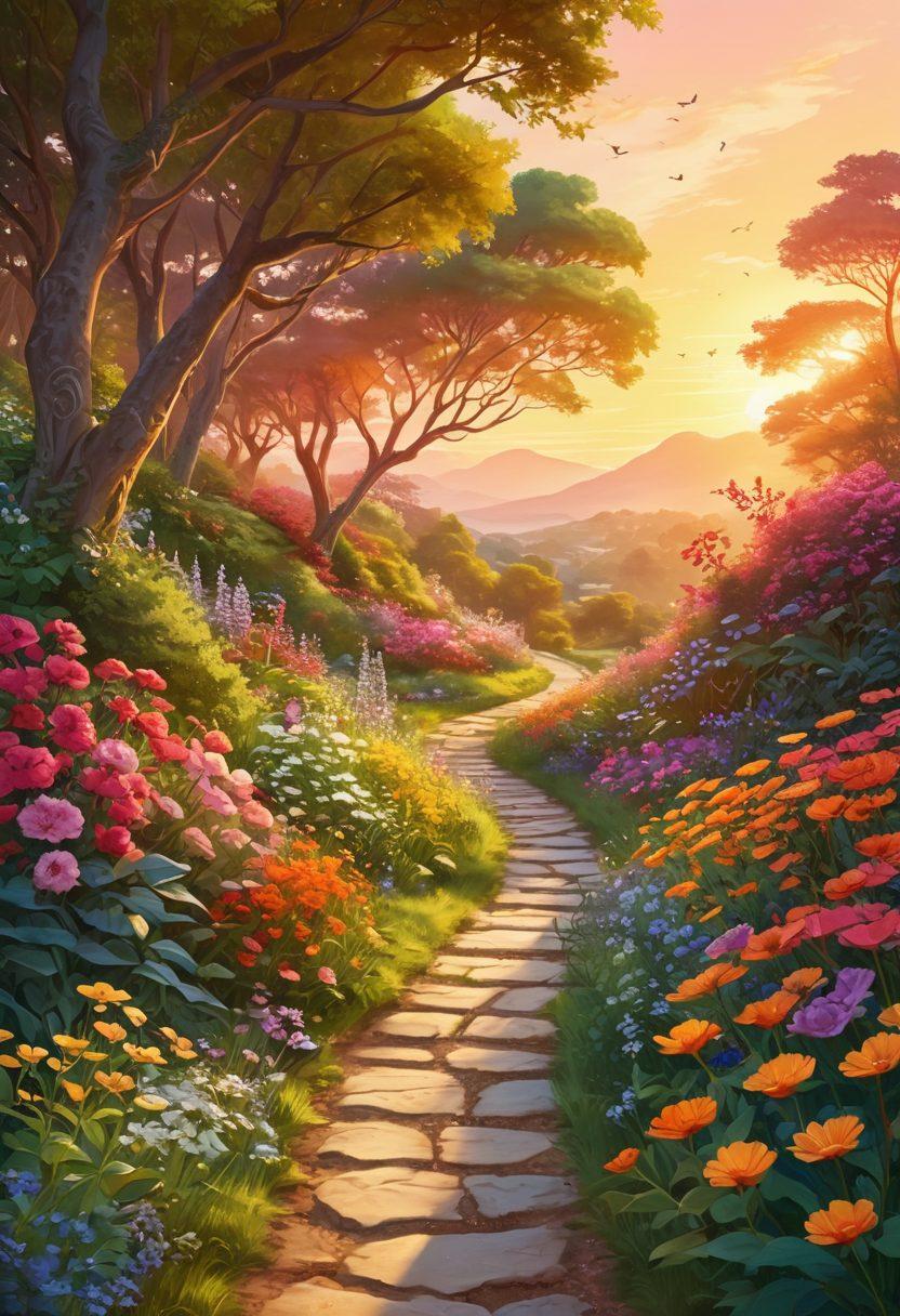 A serene landscape with a vibrant sunrise illuminating a winding path leading through lush greenery and blooming flowers, symbolizing the journey to happiness. Include a diverse group of joyful individuals walking along the path, engaging with nature and each other. Soft, warm colors evoke a sense of peace and fulfillment. whimsical style. bright colors. digital illustration.